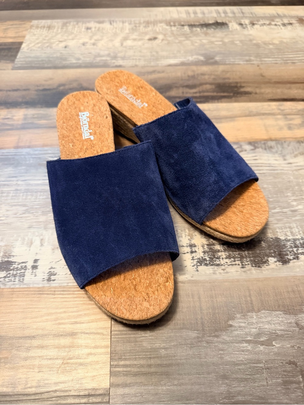 Bjorndal Navy Suede Slip On w/ Cork Wedge Espadrille Sandals EUC